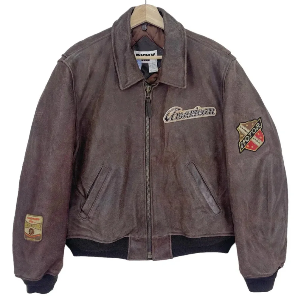 DKNY Jeans Vintage Leather Bomber Jacket Brown American Motor Patches Sz S
